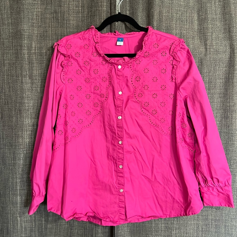Old navy pink eyelet button down peasant cottagecore blouse size XL